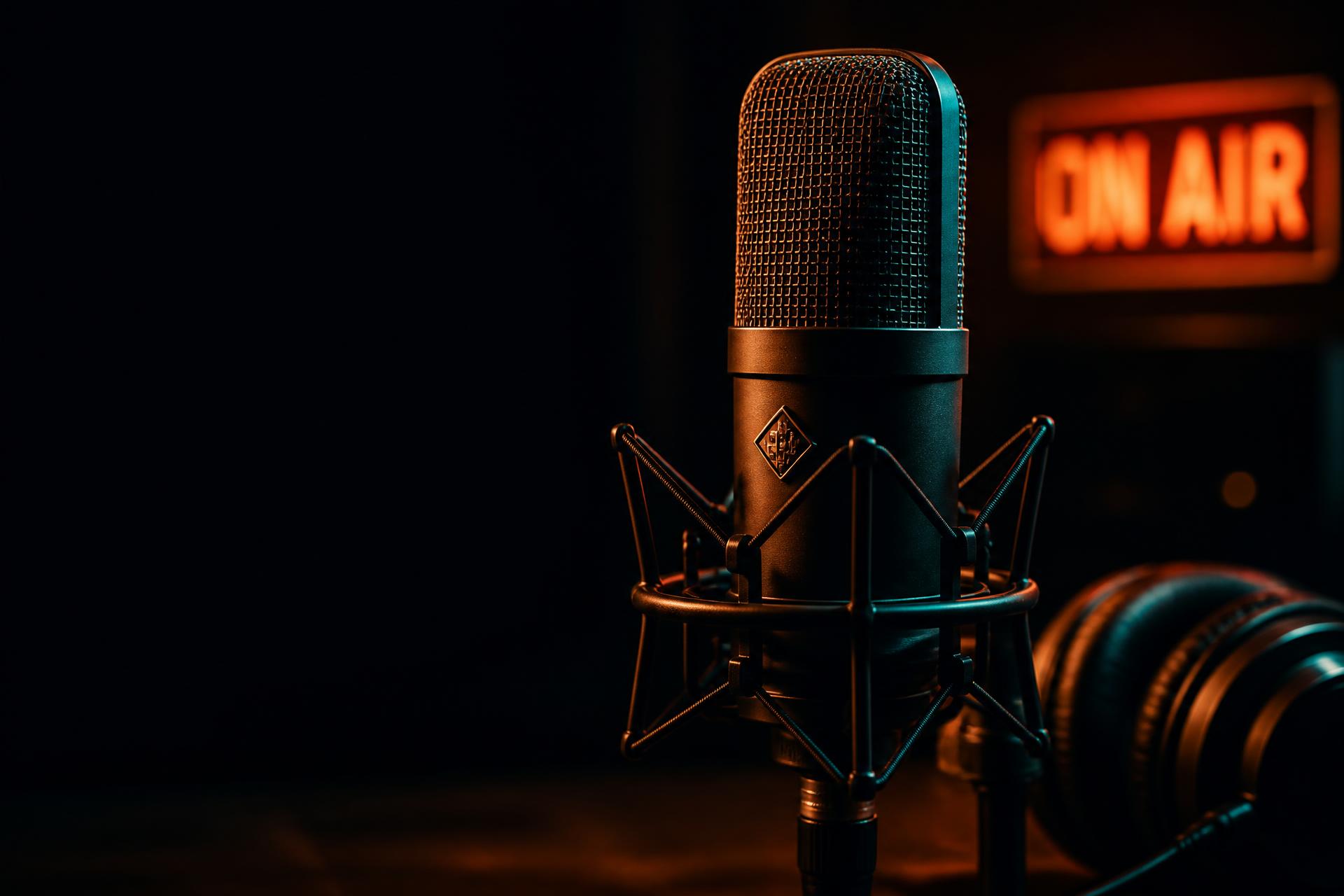 Micrófono de estudio iluminado en penumbra junto a unos auriculares y un rótulo de ON AIR